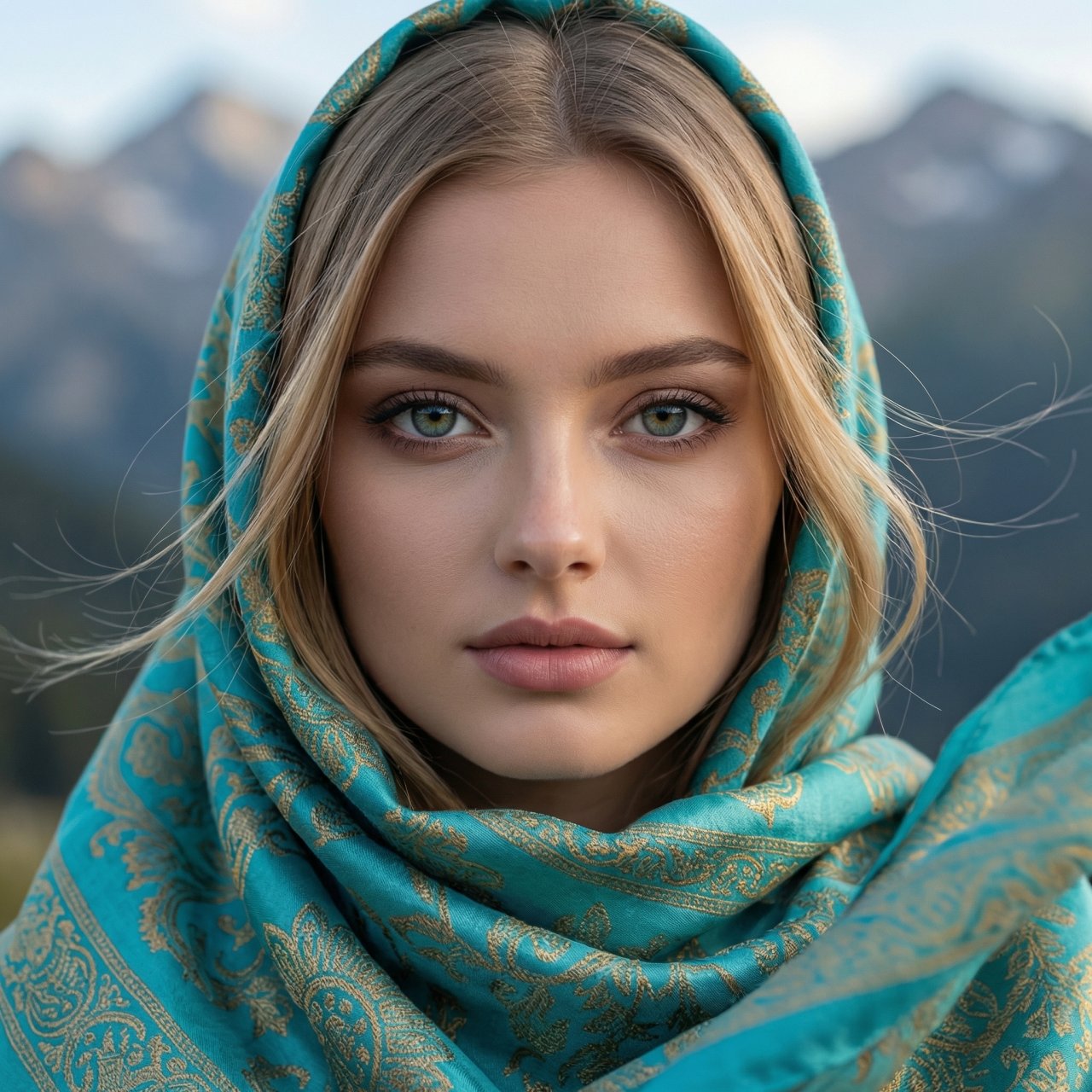 Женщина в бирюзовом платке у гор