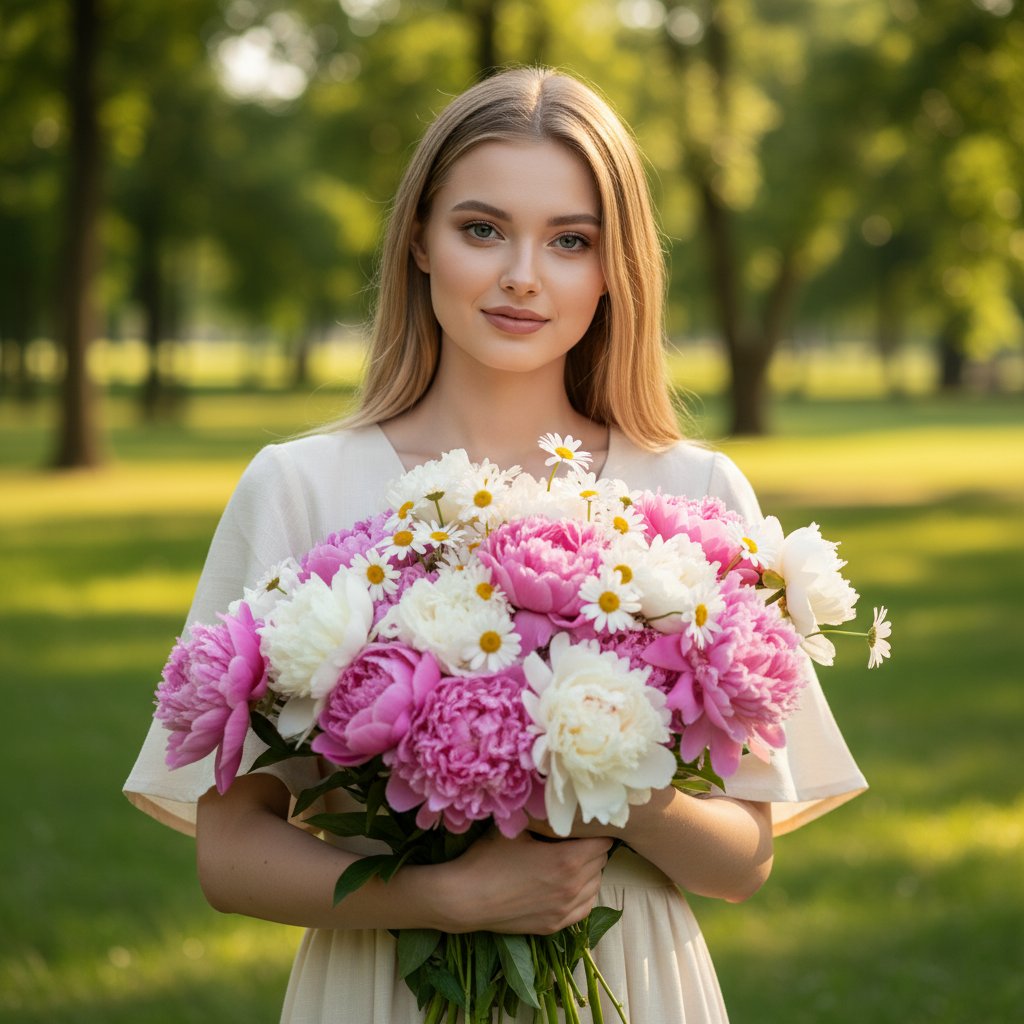 Девушка с цветами в парке