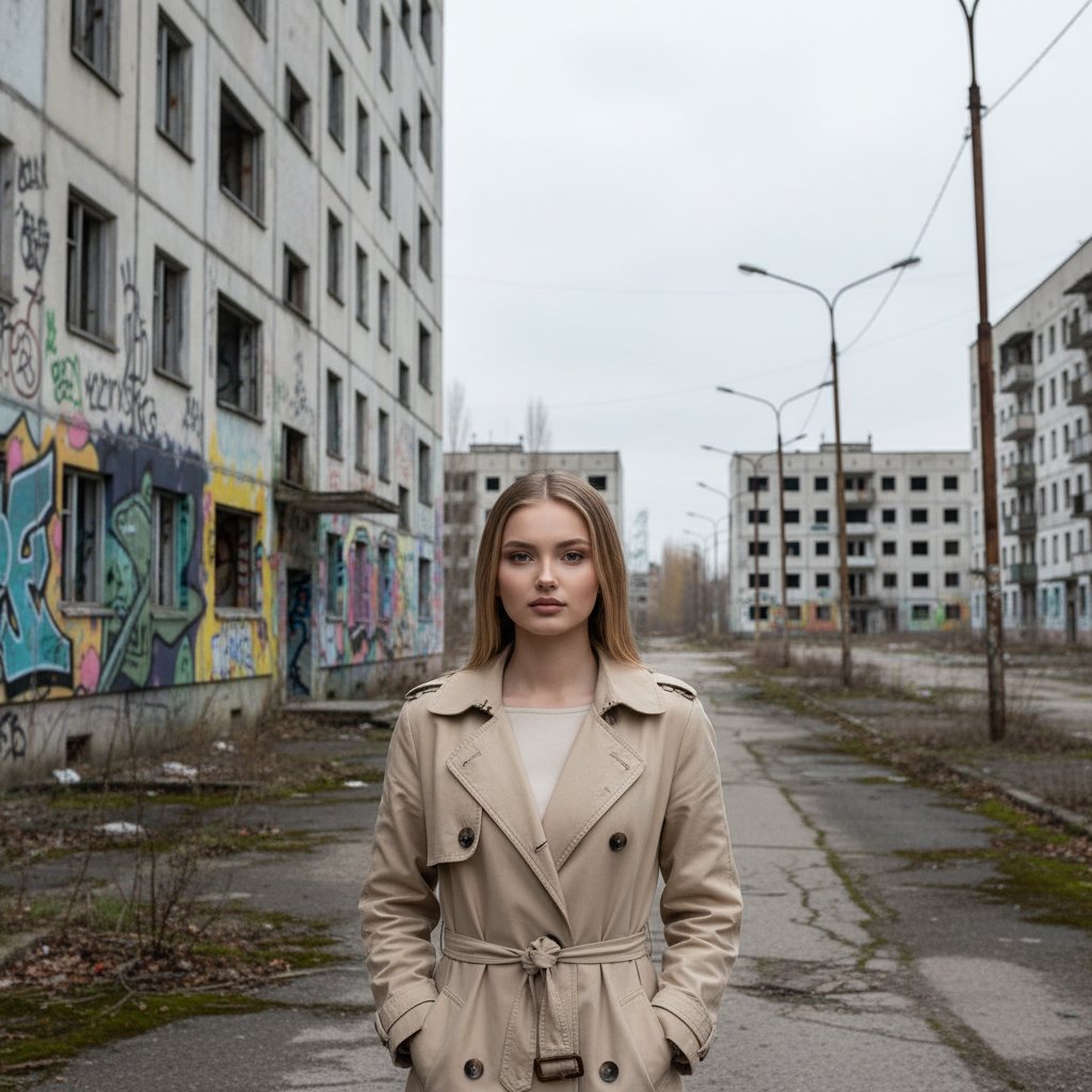 Женщина в плаще на фоне граффити