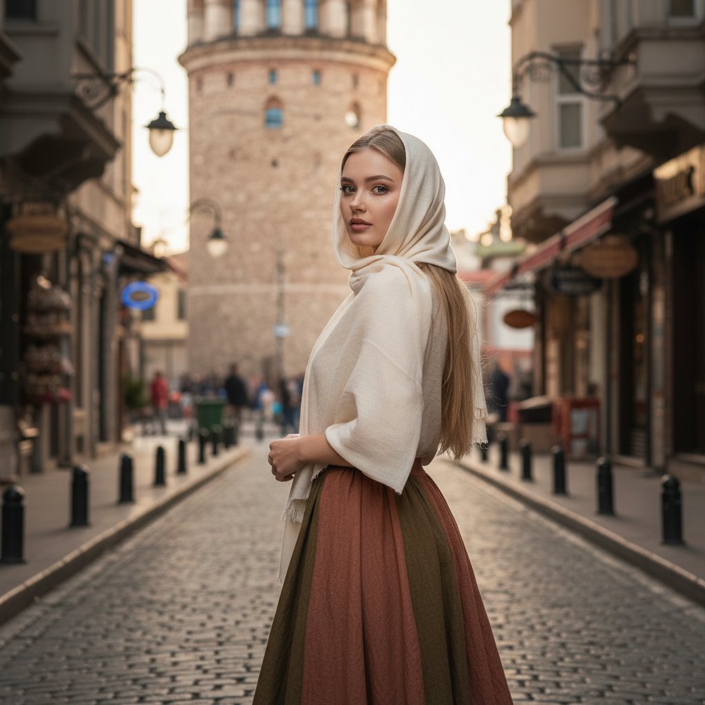 Женщина в платке у башни