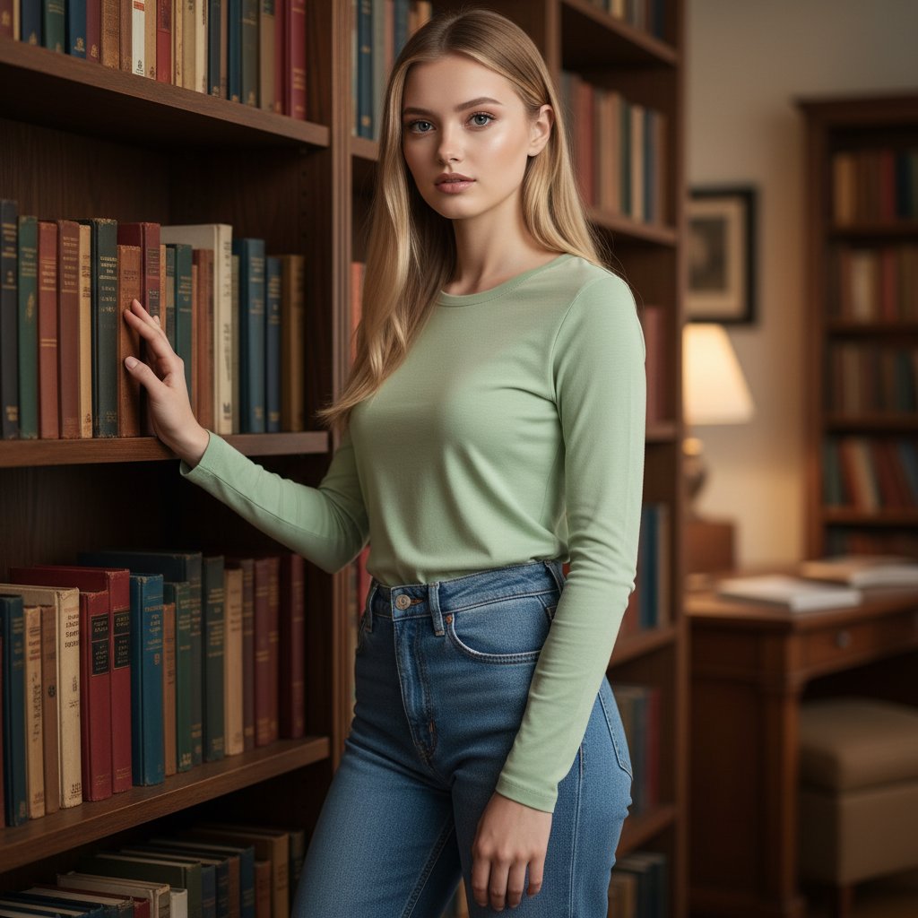 Девушка у книжной полки
