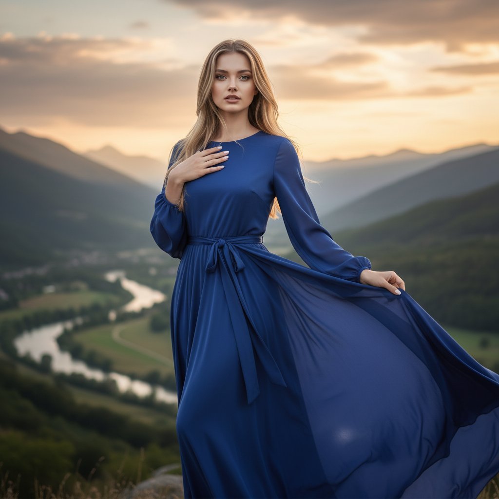 Женщина в синем халате в долине
