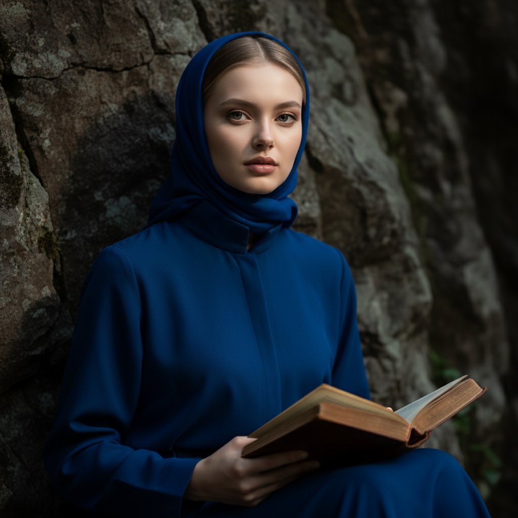 Женщина с книгой у скалы