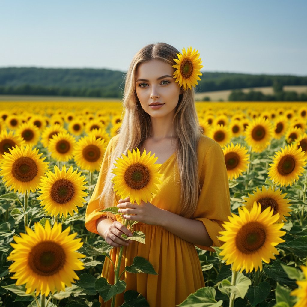 Девушка с подсолнухом в поле