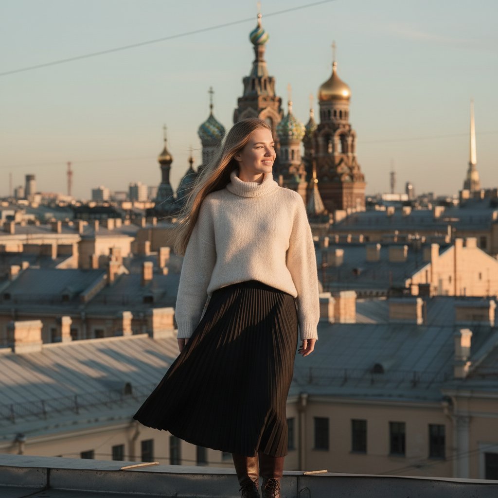 Девушка на крыше Петербурга