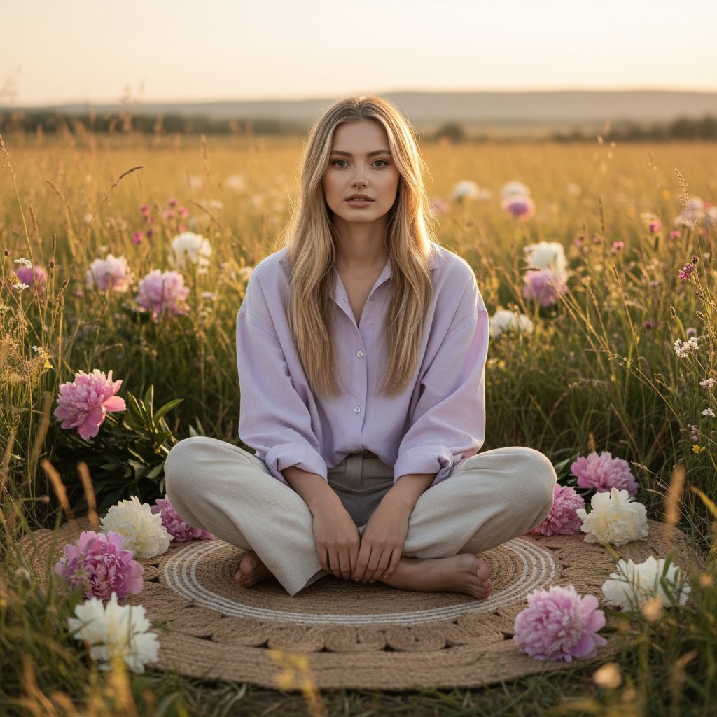 Женщина в лавандовом поле на закате