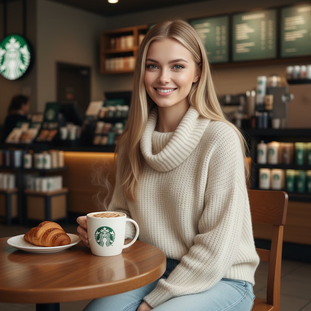 Девушка в Starbucks с кофе