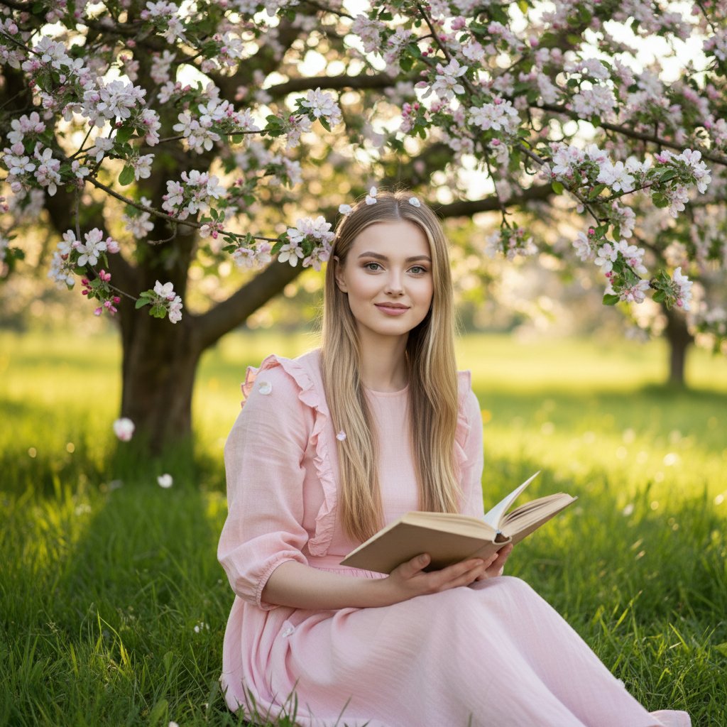 Девушка с книгой у яблони